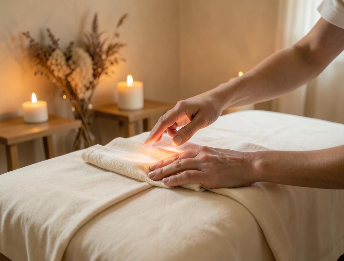 A practitioner's hands in gentle energy work above a treatment table in a candlelit spa room
