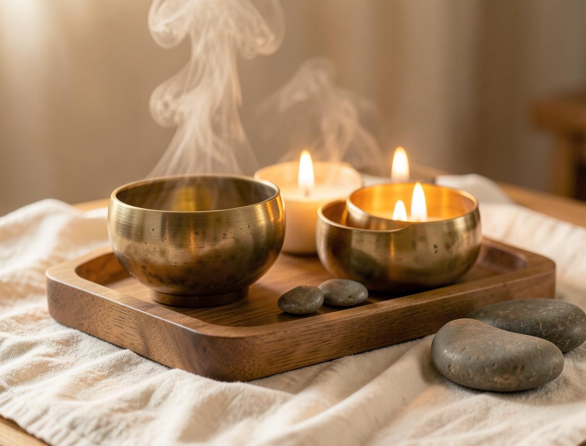 Brass singing bowls, candles and smooth stones arranged on a wooden spa tray