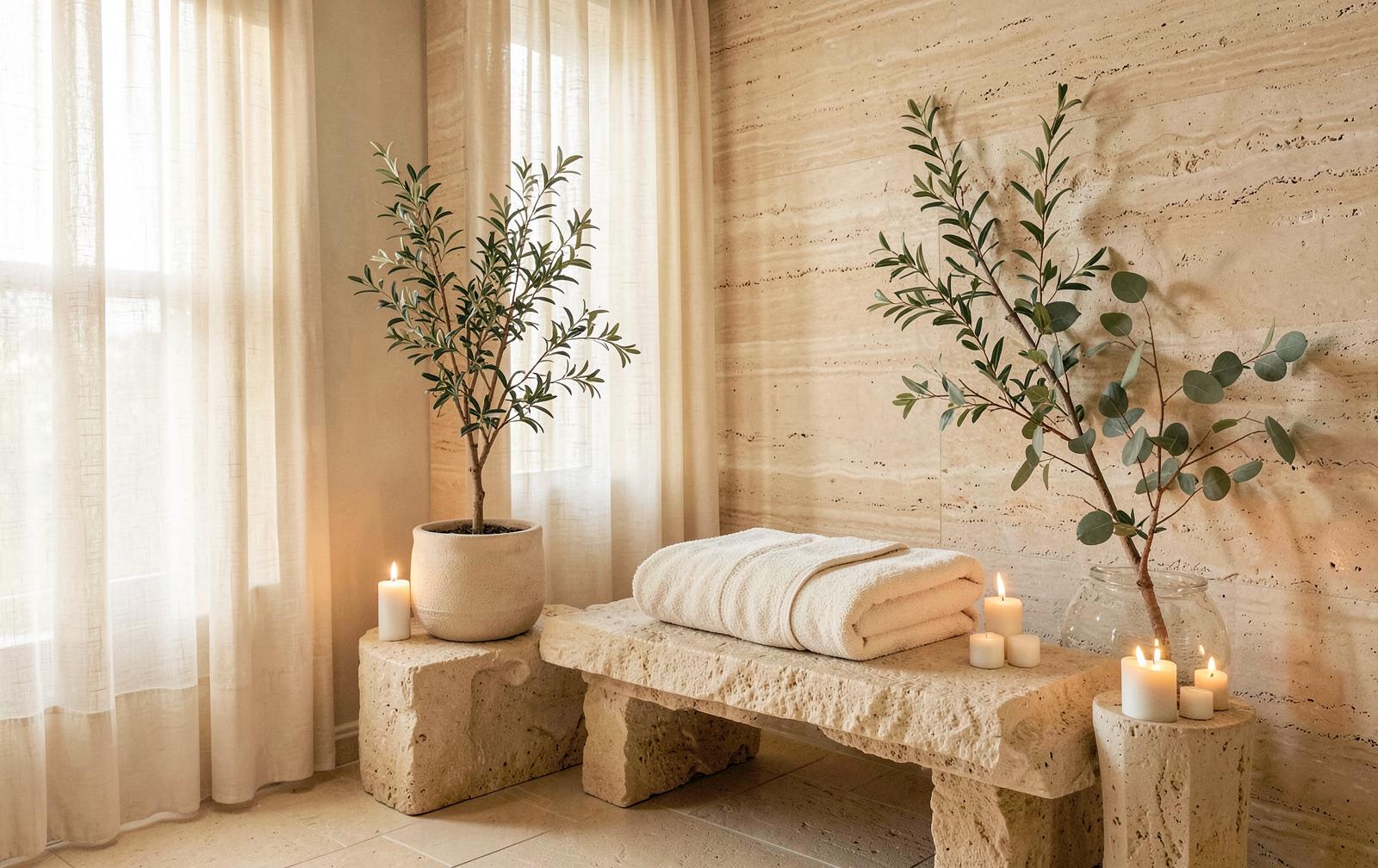 A serene spa lounge with candles, soft linens and natural stone in warm ivory light